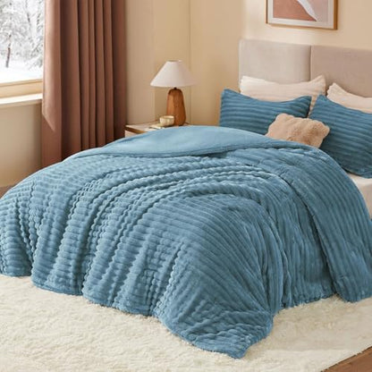 BEDELITE Fleece Full Comforter Set, Fluffy Bed Set, Blue Fog