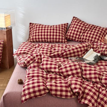 LifeTB Red Gingham Duvet Cover Twin Size, 100% Washed Cotton Vintage Plaid Checkered Comforter Cover, 3 Piece Farmhouse Grid Plaid Duvet Cover, Breathable Soft Chic Gingham Bedding Set Twin