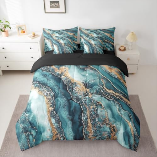 Erosebridal Marble Comforter Set Twin Size,Abstract Marble Texture Bedding Set for Kids Teens,Fluid Ink Art (Comforter+Fitted+Flat Sheet+2 Pillowcases+2 Throw Pillow Covers) 7 Pieces Bed Set