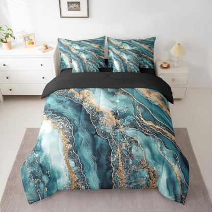Erosebridal Marble Comforter Set Twin Size,Abstract Marble Texture Bedding Set for Kids Teens,Fluid Ink Art (Comforter+Fitted+Flat Sheet+2 Pillowcases+2 Throw Pillow Covers) 7 Pieces Bed Set
