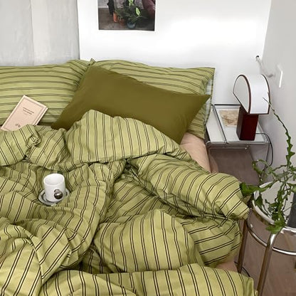 mixinni Vintage Stripes Duvet Cover Set Twin - 3-Piece Mid-Century Cotton Olive & Taupe Striped Bedding, Soft Breathable All-Season Comforter Cover with Zipper Closure & Corner Ties-Twin Size
