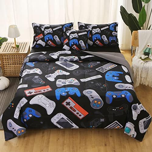 JQinHome Twin Gamer Comforter Set for Boys,6 Piece Bed in A Bag 3D Video Game Bedding -All Season Soft Microfiber Down Alternative Comforter Gamer Bedding Sets for Kids