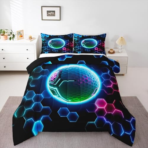 Erosebridal 3D Golf Bedding Full,Sports Decor Comforter Set Neon Geometric Honeycomb Bed Sets Cool Gamer Style Duvet Insert 3 Pieces