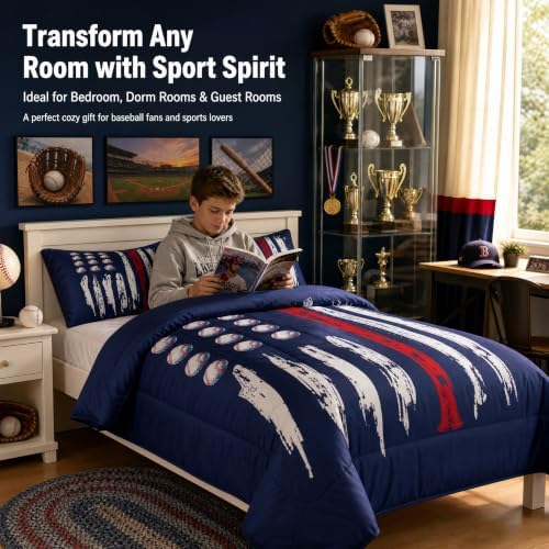 Castle Fairy Kids Baseball Gaming Comforter Full Size Navy Blue Bedding Set for Boys Girls Teens Bedroom Decor American Flag Comforter Set Women Men Ball Games Quilt with 2 Pillow Cases