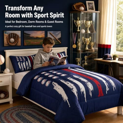 Castle Fairy Kids Baseball Gaming Comforter Set King Size Navy Blue Coverlet Set for Boys Girls Teens Bedroom Decor American Flag Comforter Women Men Ball Games Quilt Set with 2 Pillow Cases
