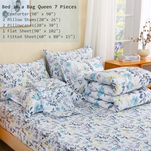 lasoftan Floral Queen Comforter Set with Sheets, 7 piece Luxury Vintage Bedding, Soft Microfiber Bed in a Bag, Cozy Lightweight Bed Set, Grey Yellow Botanical