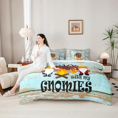 Erosebridal Kids Camping 7 Piece Bedding Set King,Kawaii Camper Gnomes Comforter Set Bed in a Bag,Vintage Farmhouse Wooden Board Flat Fitted Sheet,Jungle Trees Duvet Insert Reversible
