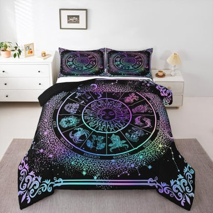Sun and Moon Comforter Set Zodiac Signs Astrology Bedding Set Queen Constellations Galaxy Down Comforter Spiritual Gifts for Girls Teens Women,Trippy Leo Aquarius Quilt Duvet Set Purple Blue 3 Pcs
