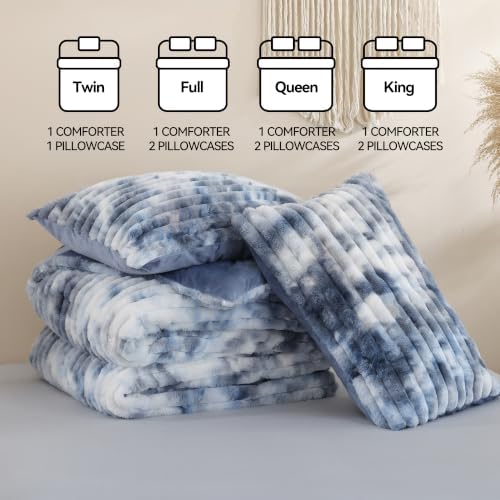 Smoofy Fluffy Twin Size Comforter 2 PCS - Tie Dye Blue Fleece Bedding Set