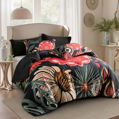 Tyrot Black Red Boho Floral King Comforter Set - 3 Piece Farmhouse Botanical Bedding Comforter Sets for All Season Soft Lightweight Mid Century Bed Set, (1 Reversible Comforter and 2 Pillow Shams