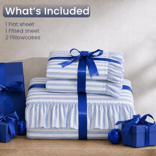ROSE&RISY Queen Ruffle Sheet Set 4 Piece - Linen Grey Stripe Soft Lightweight Microfiber Bedding with Deep Pocket, Breathable Ruffled Flat Sheet & Pillowcases (Linen Grey Stripe Ruffle,Queen)