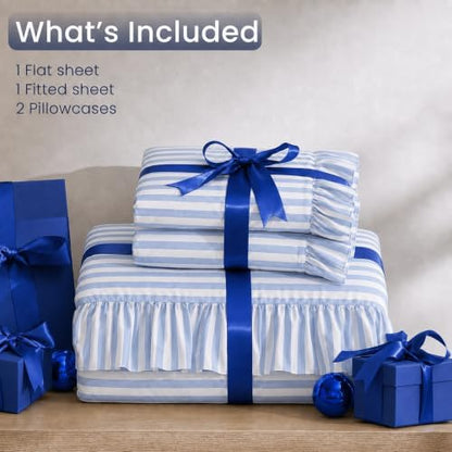 ROSE&RISY Queen Ruffle Sheet Set 4 Piece - Linen Grey Stripe Soft Lightweight Microfiber Bedding with Deep Pocket, Breathable Ruffled Flat Sheet & Pillowcases (Linen Grey Stripe Ruffle,Queen)