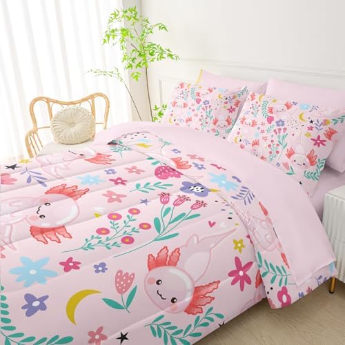 QOOMO Axolotl 7 Pieces Comforter Set Full Size,Pink Axolotl Bedding Set