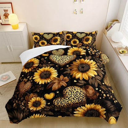 Black Sunflowers Comforter Set Queen for Girls Women Kids,Yellow Floral and Leopard Print Heart Pattern Bedding Set,3-Pieces Soft Microfiber Botanical Quilt Set for Bedroom Decor