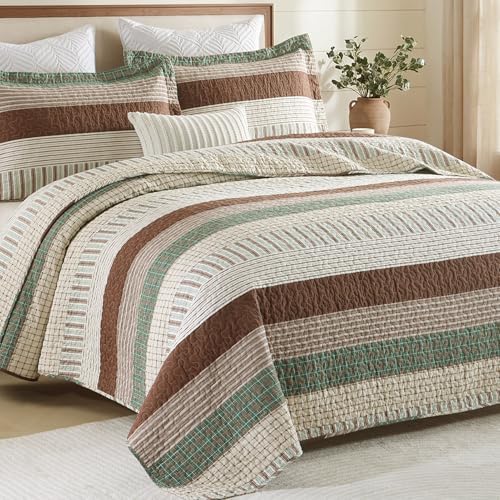 Finlonte 100% Cotton Queen Size Quilt Set, Patchwork Striped Queen Quilt Bedding Set Farmhouse Bedspread, Lightweight Quilted Comforter Reversible Bed Spread for All Season, Green/Brown/Beige, 3 Pcs