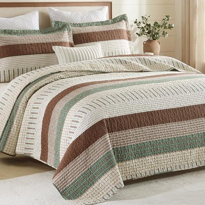 Finlonte 100% Cotton Queen Size Quilt Set, Patchwork Striped Queen Quilt Bedding Set Farmhouse Bedspread, Lightweight Quilted Comforter Reversible Bed Spread for All Season, Green/Brown/Beige, 3 Pcs