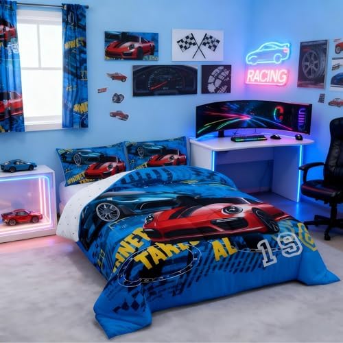 Boys Sports Car King Size Comforter Set,Kids Cool Racing Car Decor All Season Bedding Set,Teens Extreme Sports Theme Comforter,Girls Young Man Blue and Red Decor Quilt Set Bedroom Collection 3Pcs