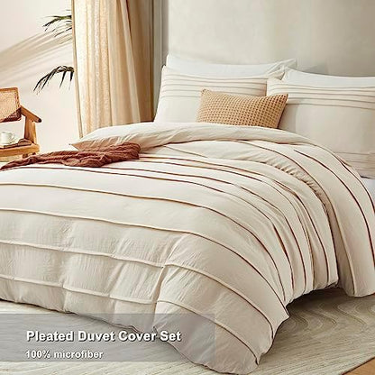 Oli Anderson 3PCS Pleated Duvet Cover Set, Light Khaki, King