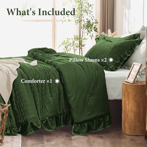 JOLLYVOGUE Dark Green King Comforter Set, 3 Pieces Seersucker Comforters King Size, Lightweight & Fluffy Bedding Sets King for All Season with 1 Ruffle Comforter and 2 Ruffle Pillowshams