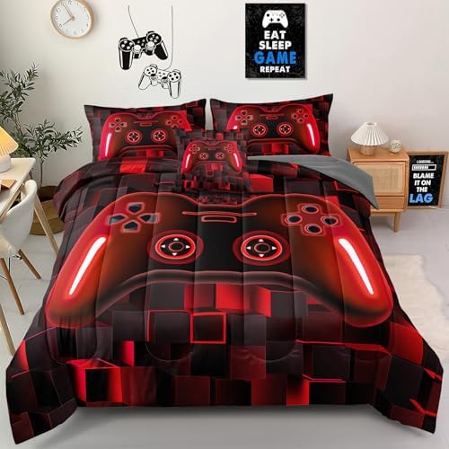 6 Pieces Kids Full Size Gaming Comforter Set, Red 3D Game Controller Bed in a Bag with Sheets, All Season Gamer Bedding Room Decor for Boys Girls Teens Full54