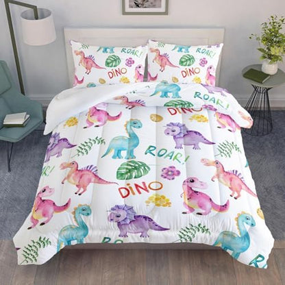 Cartoon Dinosaur Comforter Set Full 3Pc Kawaii Dinosaur Bedding Set All Season with Tree, Leaf Decoration Includes 1 Comforter, 2 Pillowcases for Kids Girls Teens