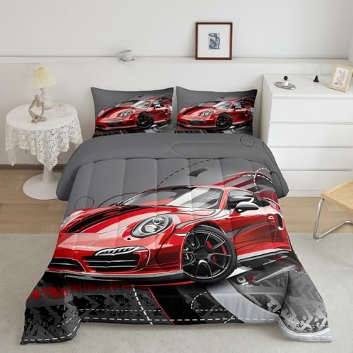 Feelyou Red Race Car Comforter Set Sports Car Bedding Set for Kids Boys Girls Extreme Sport Gorgeous Duvet Set Cool Speed Automobile Decor Quilt with 2 Pillowcases 3Pcs Bedding Queen Boys