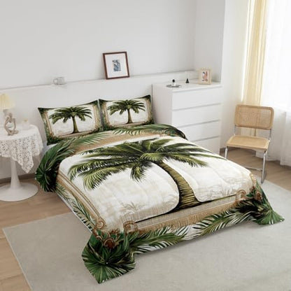 Homewish Coconut Tree Bedding Set Full Size,Tropical Plants Comforter Set 3Pcs for Kids Girls Boys Teens Room Decor,Rustic Vintage Brown Quilt Set Coastal Beach Duvet Insert,2 Pillowcases