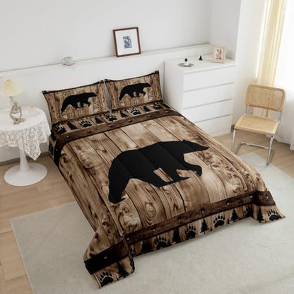 Castle Fairy Bear Comforter Set Twin Size,Rustic Farmhouse Style Bedding Set 2Pcs,Hunting Wild Animal Quilt Set for Kids Boys Men Adult Room Decor,Brown Wooden Board Print Duvet Insert,1 Pillowcase