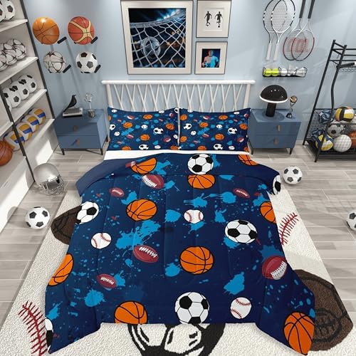 jejeloiu Ball Games Comforter Set Soccer Bedding Set Queen Size 3 Pcs