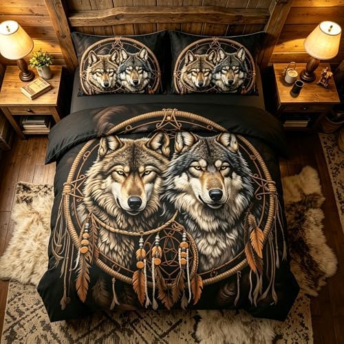 CCoutueChen Brown Wolf Bedding Set Full Size, Cabin Lodge Comforter Boho Dream Catcher Pattern- Lightweight All Season Comforter, 3 Pieces, 2 Pillowcases