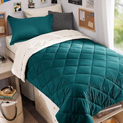 MUXHOMO 5 Pieces Twin XL Comforter Set, Reversible Bed in a Bag Twin XL Size, All Season Bedding Set with Comforter, Flat Sheet, Fitted Sheet, Pillowcases & Shams, Peacock Blue & Ivory
