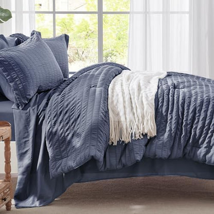 Queen Comforter Set 7 Piece, Greyish Blue Bed in a Bag Queen Bedding Sets