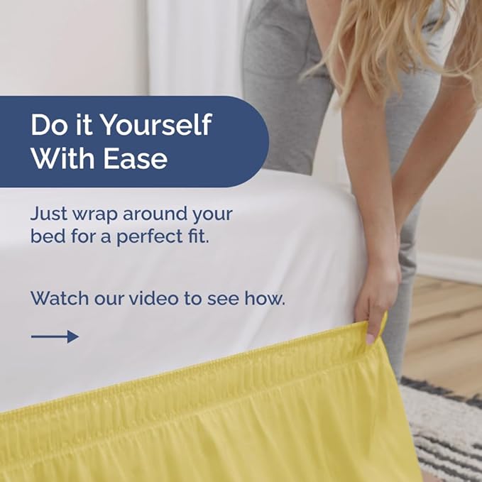 Wrap Around Dust Ruffle Bed Skirt - Yellow - for Queen Size Beds with 24 Inch Drop - Easy Fit Elastic Strap - Adjustable Pleated Bedskirt w/Brushed Fabric Wrinkle Free - for Women, Men, Kids & Teens