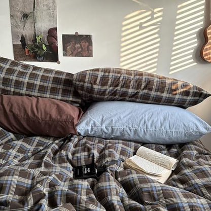 mixinni Vintage Blue & Brown Buffalo Plaid Comforter Set Queen Size - 3-Piece Washed Cotton Soft Geometric Checkered Pattern Bedding Set for All-Seasons Lightweight & Breathable-Queen Size