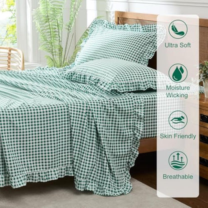 Gingham Twin Sheet Set, Lightweight Super Soft Brushed Microfiber Plaid Bed Sheets with 16" Deep Pocket, 3 Piece Ruffle Farmhouse Bedroom Decor, Green