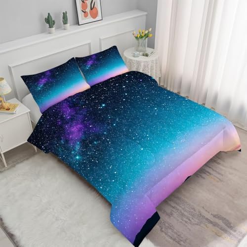 Gradient Comforter Set King Size Blue Galaxy Bedding for Boys Teen Women Girls Space Stars Moon Bedroom Decor Quilt Bed Sets, 1 Comforter 2 Pillowcases