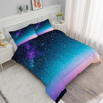 Gradient Comforter Set King Size Blue Galaxy Bedding for Boys Teen Women Girls Space Stars Moon Bedroom Decor Quilt Bed Sets, 1 Comforter 2 Pillowcases