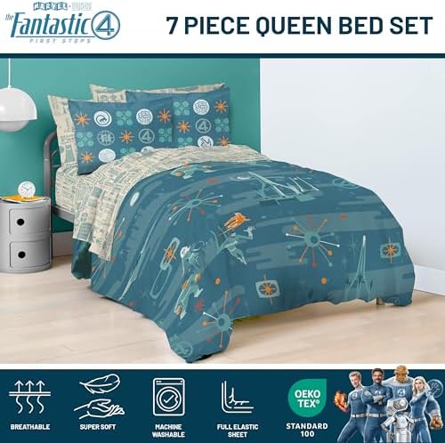 Marvel Fantastic Four Queen Comforter Set 7 Piece Superhero Bedding, Blue