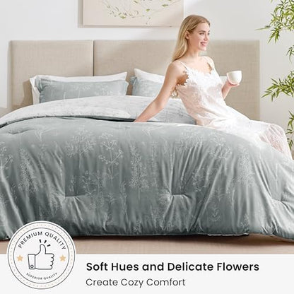 Love's cabin Grey Full Size Comforter Set - Full Comforter Set, 3 Pieces Cute Floral Bedding Sets for All Seasons,1 Soft Reversible Botanical Flowers Comforter and 2 Pillow Shams