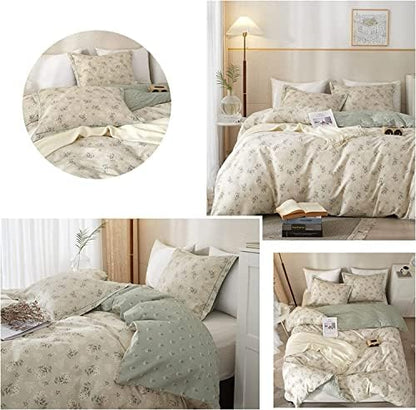 LifeTB Garden Style Floral Duvet Cover Queen Soft Cotton Boho Floral Bedding Sets Chic Shabby Botanical Queen Duvet Cover Girl Women Vintage Floral Comforter Cover with Zipper Closure 4 Ties
