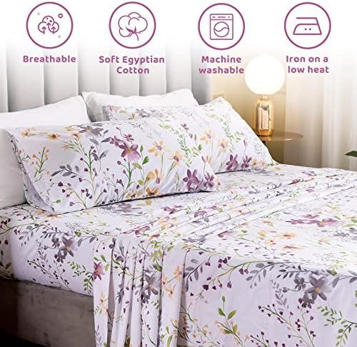 QSH 100% Egyptian Cotton Sheets Full Size Set, Yellow Flowers Plant Pattern Botanical Luxury Cotton Printed Bedding Floral Full Bed Sheets Extra Soft and Breathable 4pcs Deep Pockets Sheets