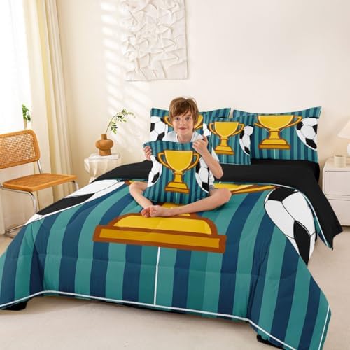 Erosebridal Boys Kids Navy Blue Football Gaming King 7-Piece Comforter Set | Playground Soccer Geometric Sheets and Pillowcases Striped Bed in A Bag Ball Games Bed Sets