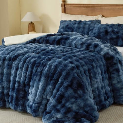 BEDELITE Tie Dye Faux Fur Comforter Set Twin,Thick Winter Comforter,Navy