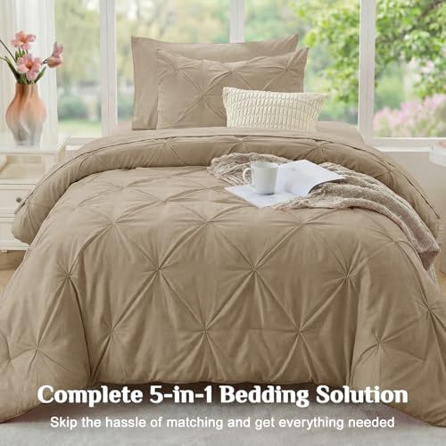 JOLLYVOGUE Twin XL Comforter Set 5 Pieces - Bed in a Bag Twin XL for All Season, Pintuck Bedding Comforter Sets with Comforter, Flat Sheet, Fitted Sheet and Pillowcases & Shams, Dark Linen