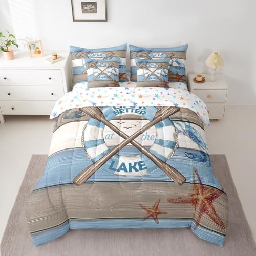 Erosebridal Lake Life Bedding Set for Kids Teens,Hawaii Boat Paddle Comforter Set King Size,Crab Starfish (Comforter+Fitted+Flat Sheet+2 Pillowcases+2 Throw Pillow Covers) 7 Pieces Bed Set