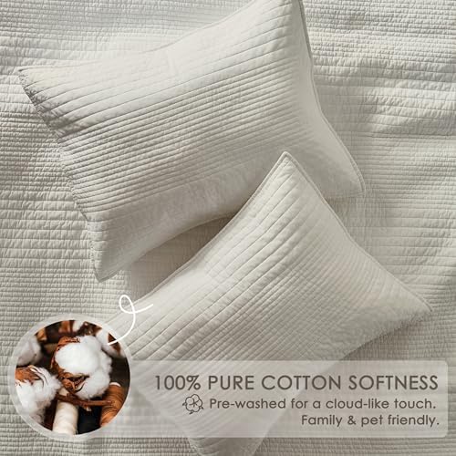 palassio Striped Beige 100% Cotton Quilt Queen Size Bedding Sets, Lightweight Crinkly Channel Pick Stitch Textured Bedspread Soft Shabby Chic Farmhouse Country Coverlet for All Season, 2 Shams