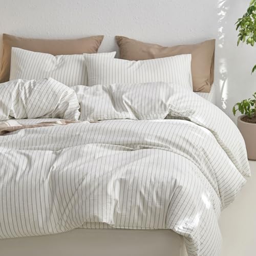 MooMee Striped Duvet Cover Set 100% Washed Cotton Linen Like Alaska King