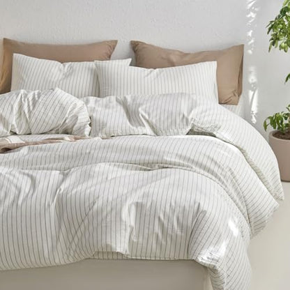 MooMee Striped Duvet Cover Set 100% Washed Cotton Linen Like Alaska King