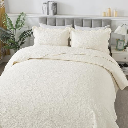 HoneiLife Queen Quilt Bedding Set - Microfiber Quilt Sets for Queen Bed, 3-Piece Lightweight Bedspreads,Reversible Coverlets Rustic Bedlinen Sets, Floral Bedding Set All Season Quilts-Beige