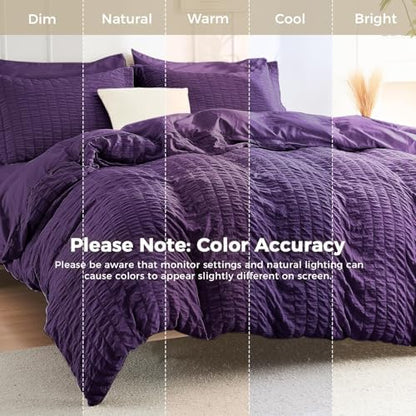 HYMOKEGE Dark Purple California King Comforter Set Seersucker 7 Pieces, All Season Luxury Bed in a Bag for Bedroom, Bedding Set with Comforter, Sheets, Pillowcases & Shams